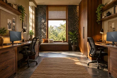 AI-generated home office concept: parallel two-person study, deccan stone direction