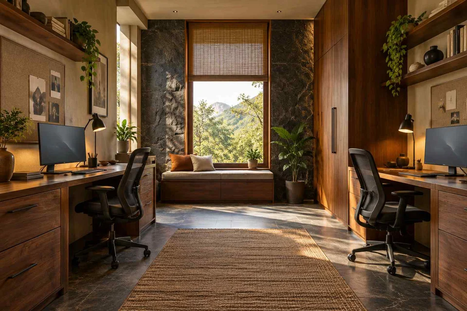 AI-generated home office concept: parallel two-person study, deccan stone direction