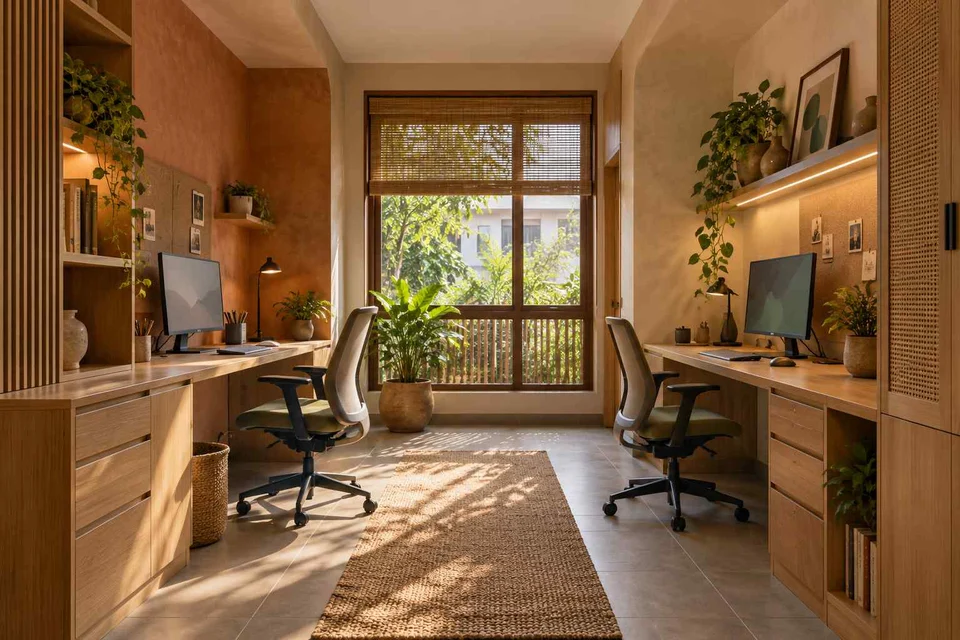 AI-generated home office concept: parallel two-person study, earth and bamboo direction