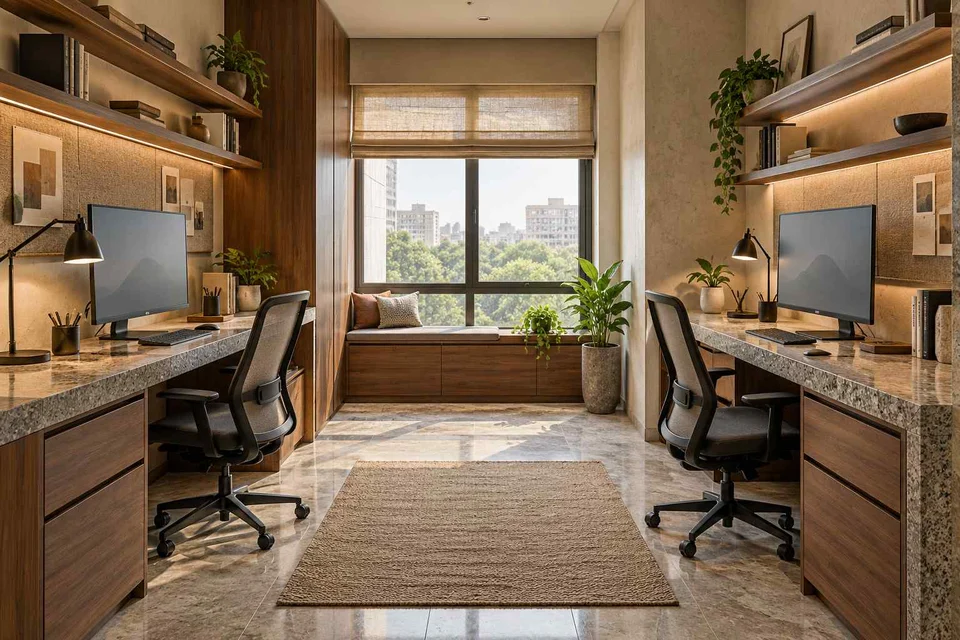 AI-generated home office concept: parallel two-person study, granite precision direction