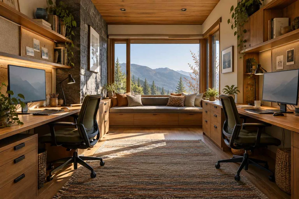 AI-generated home office concept: parallel two-person study, hill timber direction