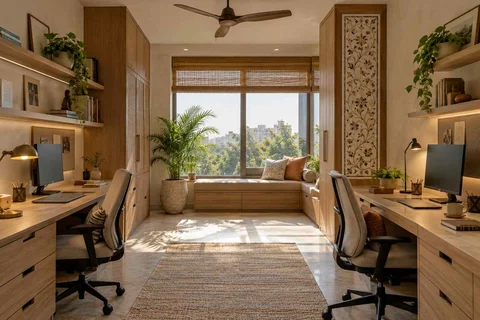 AI-generated home office concept: parallel two-person study, inlay atelier direction
