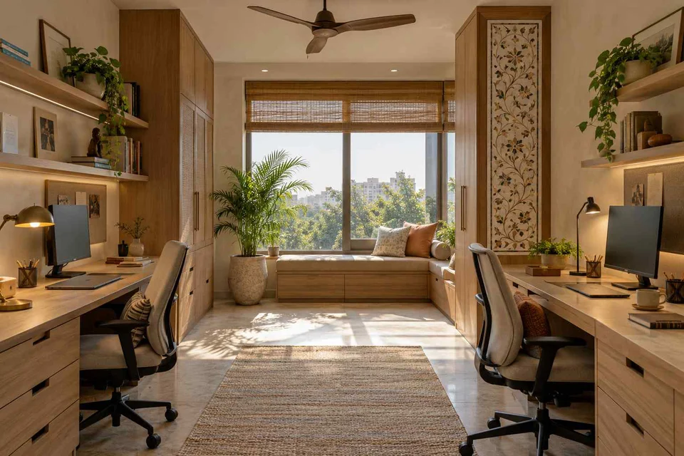AI-generated home office concept: parallel two-person study, inlay atelier direction