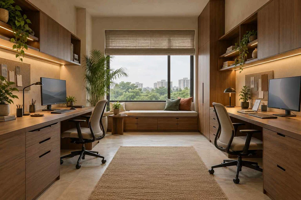 AI-generated home office concept: parallel two-person study, lime and walnut direction