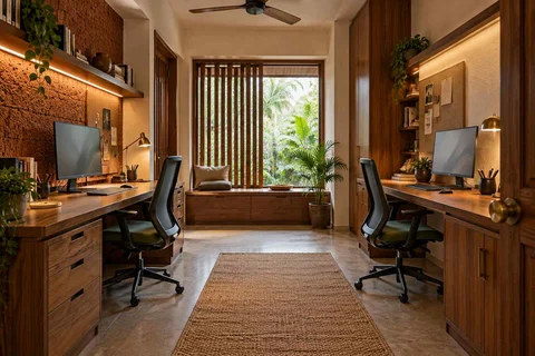 AI-generated home office concept: parallel two-person study, malabar timber direction