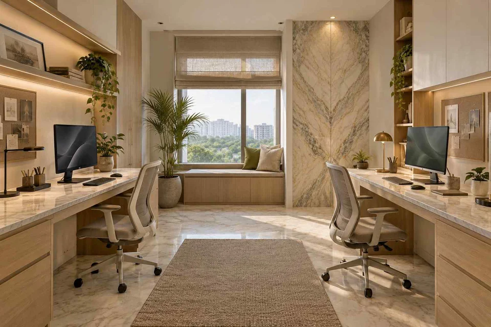 AI-generated home office concept: parallel two-person study, marble restraint direction