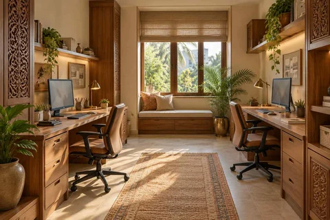 AI-generated home office concept: parallel two-person study, modern carved direction