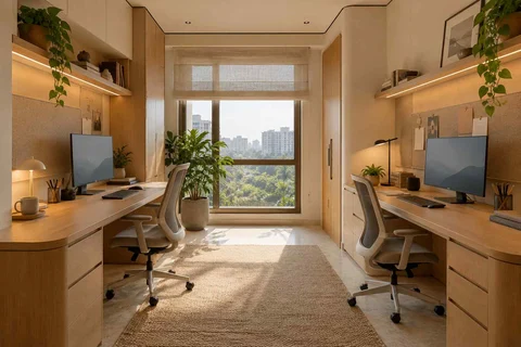 AI-generated home office concept: parallel two-person study, quiet contemporary direction