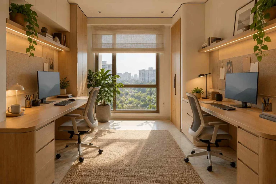AI-generated home office concept: parallel two-person study, quiet contemporary direction