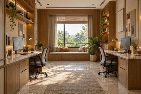 AI-generated home office concept: parallel two-person study, quiet transitional direction