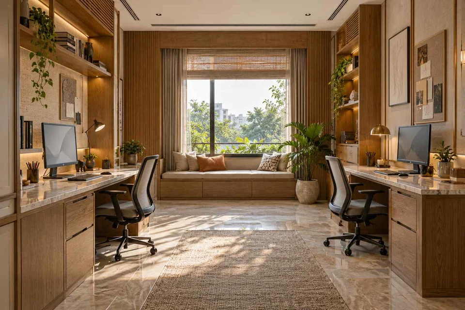 AI-generated home office concept: parallel two-person study, quiet transitional direction