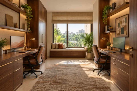 AI-generated home office concept: parallel two-person study, rosewood brass direction