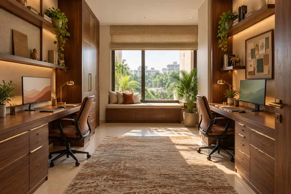 AI-generated home office concept: parallel two-person study, rosewood brass direction