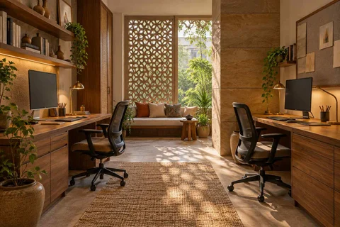 AI-generated home office concept: parallel two-person study, sandstone lattice direction