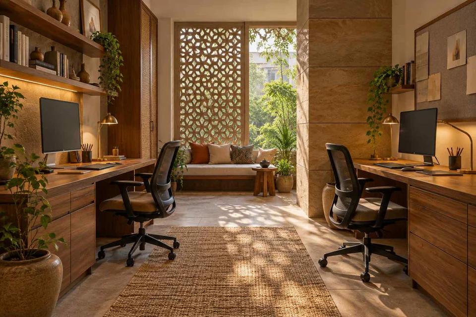 AI-generated home office concept: parallel two-person study, sandstone lattice direction