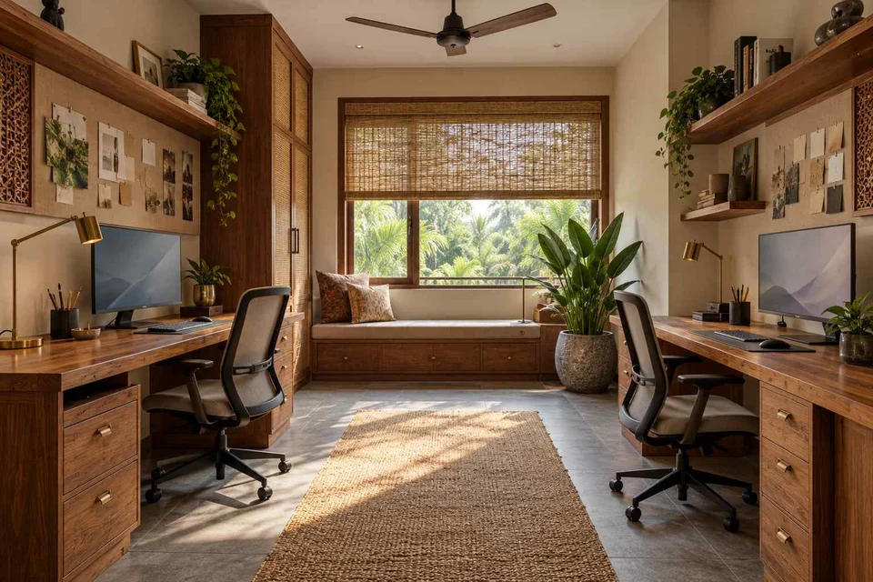 AI-generated home office concept: parallel two-person study, teak craft direction