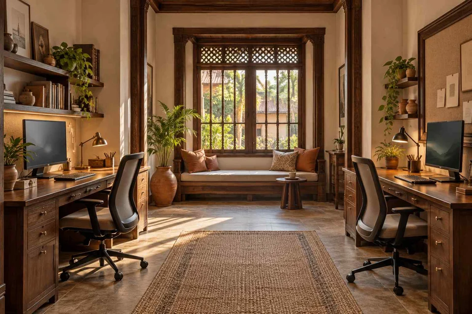 AI-generated home office concept: parallel two-person study, terracotta heritage direction
