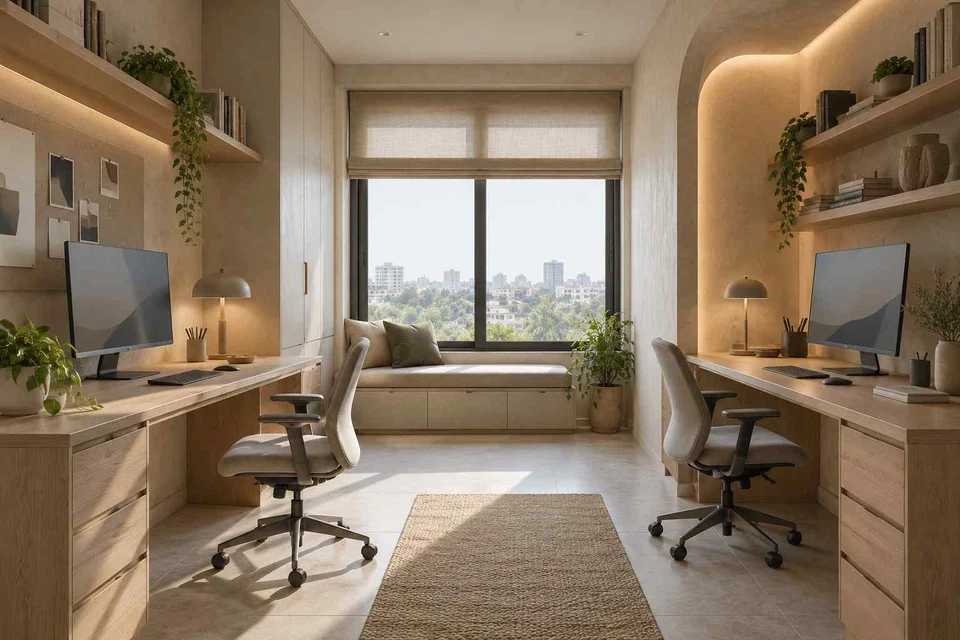 AI-generated home office concept: parallel two-person study, textured mineral direction
