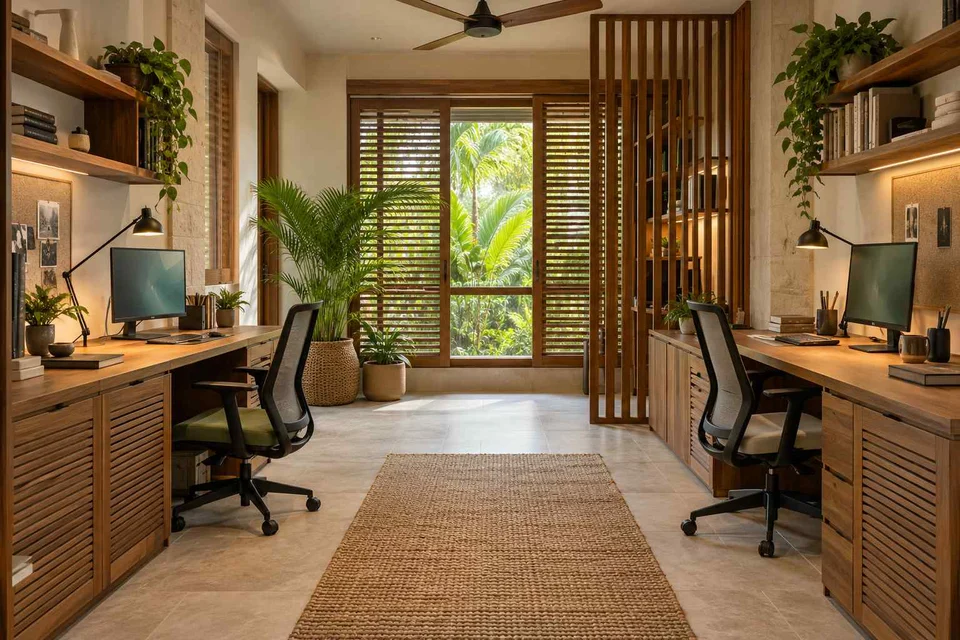 AI-generated home office concept: parallel two-person study, tropical slatted direction