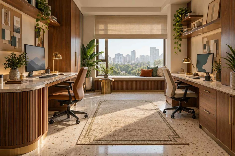 AI-generated home office concept: parallel two-person study, urban deco direction