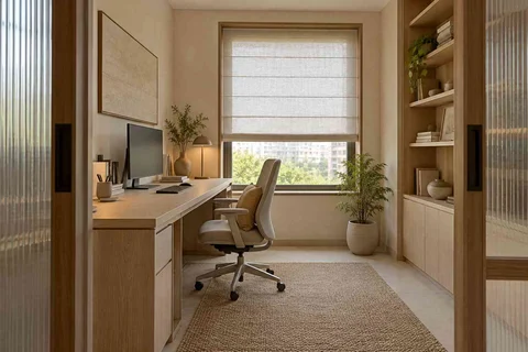 AI-generated home office concept: quiet enclosed study, ash and linen direction