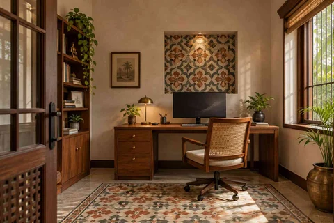 AI-generated home office concept: quiet enclosed study, chettinad tile direction