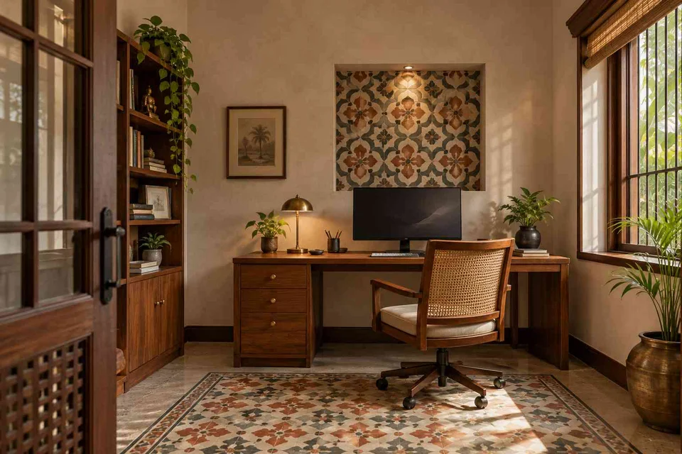 AI-generated home office concept: quiet enclosed study, chettinad tile direction