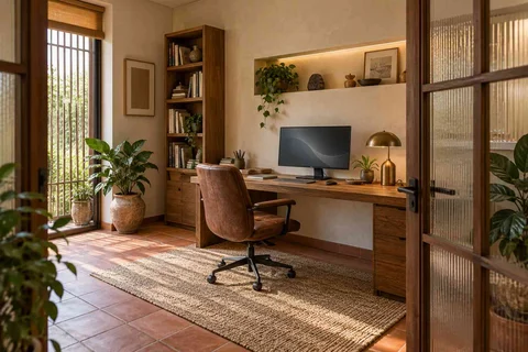 AI-generated home office concept: quiet enclosed study, clay artisan direction