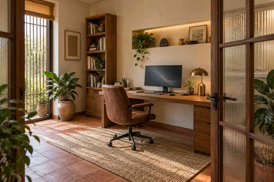 AI-generated home office concept: quiet enclosed study, clay artisan direction