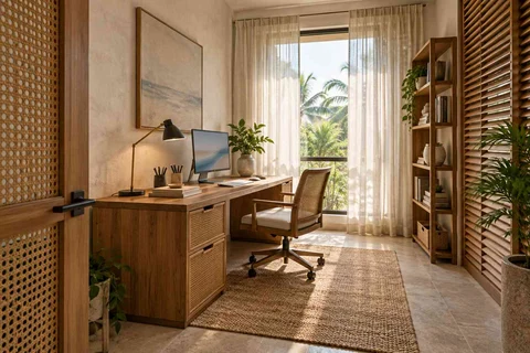 AI-generated home office concept: quiet enclosed study, coastal woven direction