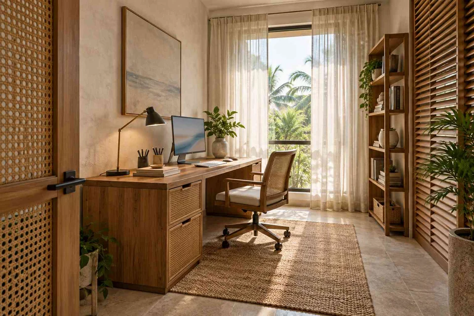 AI-generated home office concept: quiet enclosed study, coastal woven direction