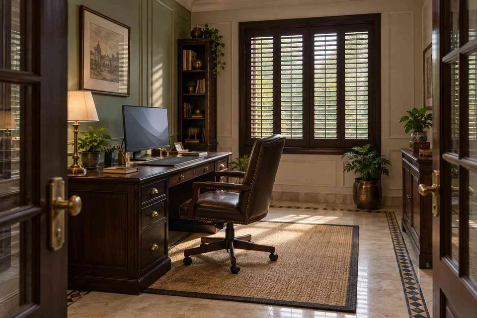 AI-generated home office concept: quiet enclosed study, colonial quiet direction