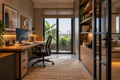 AI-generated home office concept: quiet enclosed study, concrete and oak direction