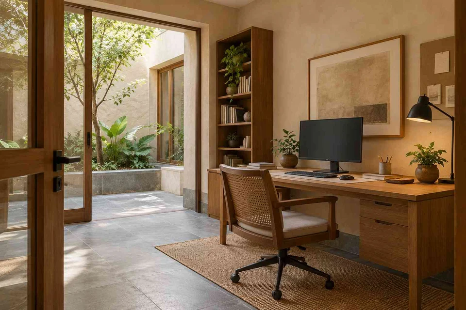 AI-generated home office concept: quiet enclosed study, courtyard modern direction