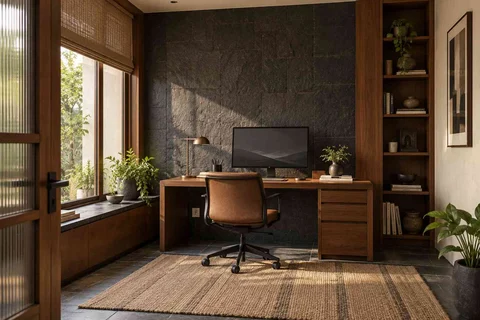 AI-generated home office concept: quiet enclosed study, deccan stone direction