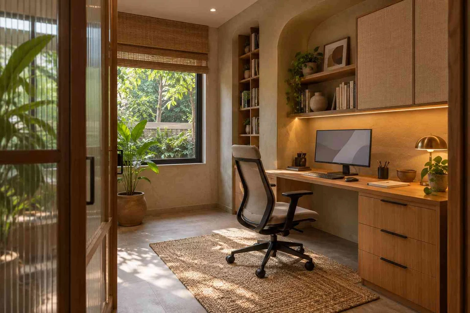 AI-generated home office concept: quiet enclosed study, earth and bamboo direction
