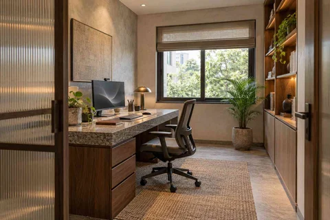 AI-generated home office concept: quiet enclosed study, granite precision direction