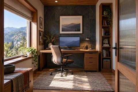 AI-generated home office concept: quiet enclosed study, hill timber direction