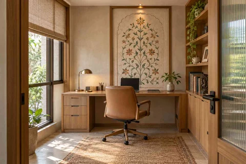 AI-generated home office concept: quiet enclosed study, inlay atelier direction