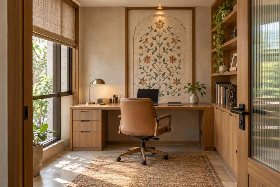 AI-generated home office concept: quiet enclosed study, inlay atelier direction