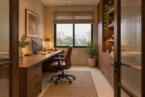 AI-generated home office concept: quiet enclosed study, lime and walnut direction