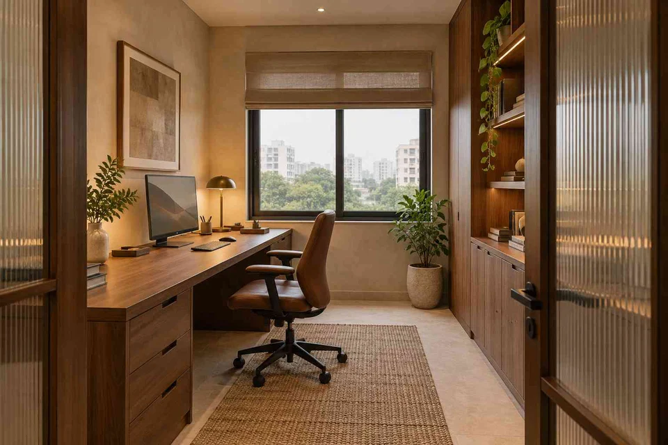 AI-generated home office concept: quiet enclosed study, lime and walnut direction