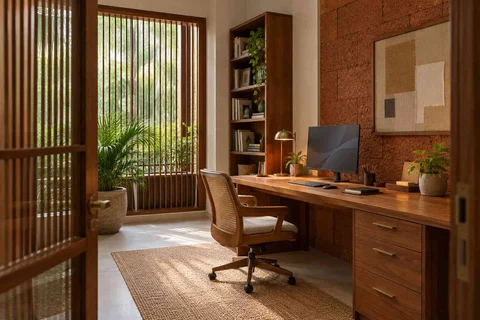 AI-generated home office concept: quiet enclosed study, malabar timber direction