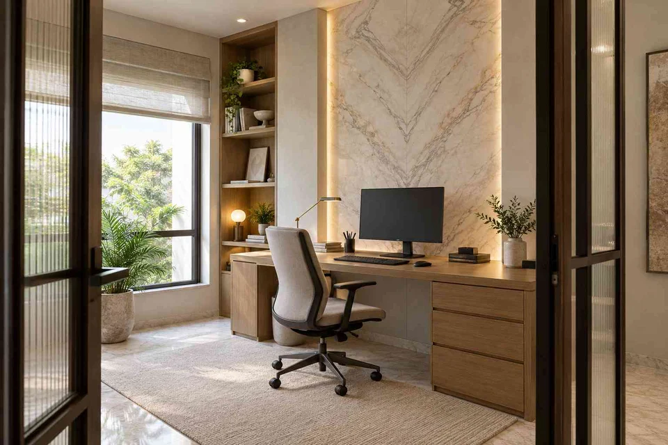 AI-generated home office concept: quiet enclosed study, marble restraint direction