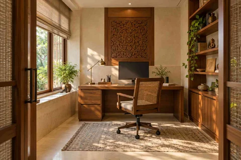 AI-generated home office concept: quiet enclosed study, modern carved direction
