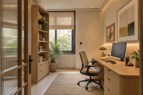 AI-generated home office concept: quiet enclosed study, quiet contemporary direction