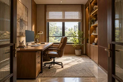 AI-generated home office concept: quiet enclosed study, quiet transitional direction