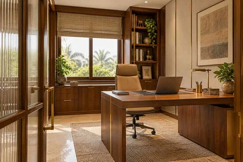 AI-generated home office concept: quiet enclosed study, rosewood brass direction