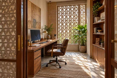 AI-generated home office concept: quiet enclosed study, sandstone lattice direction