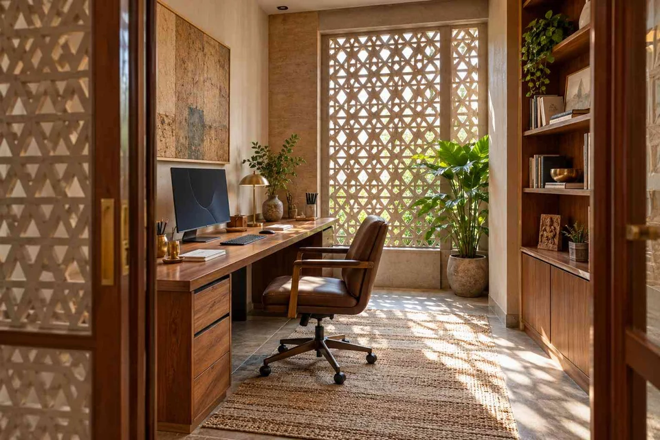AI-generated home office concept: quiet enclosed study, sandstone lattice direction
